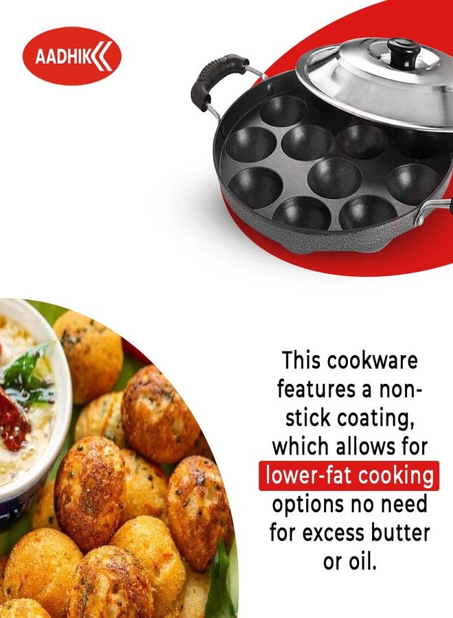 AADHIK Appam Pan With Lid - 12 Cavity Maker, Non-Stick Aluminium Chatty/Kadai, Grey - Image 3